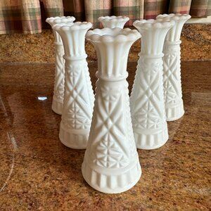 Vintage Anchor Hocking Stars & Bars Milk Glass Bud Vase 6"  Lot of 6